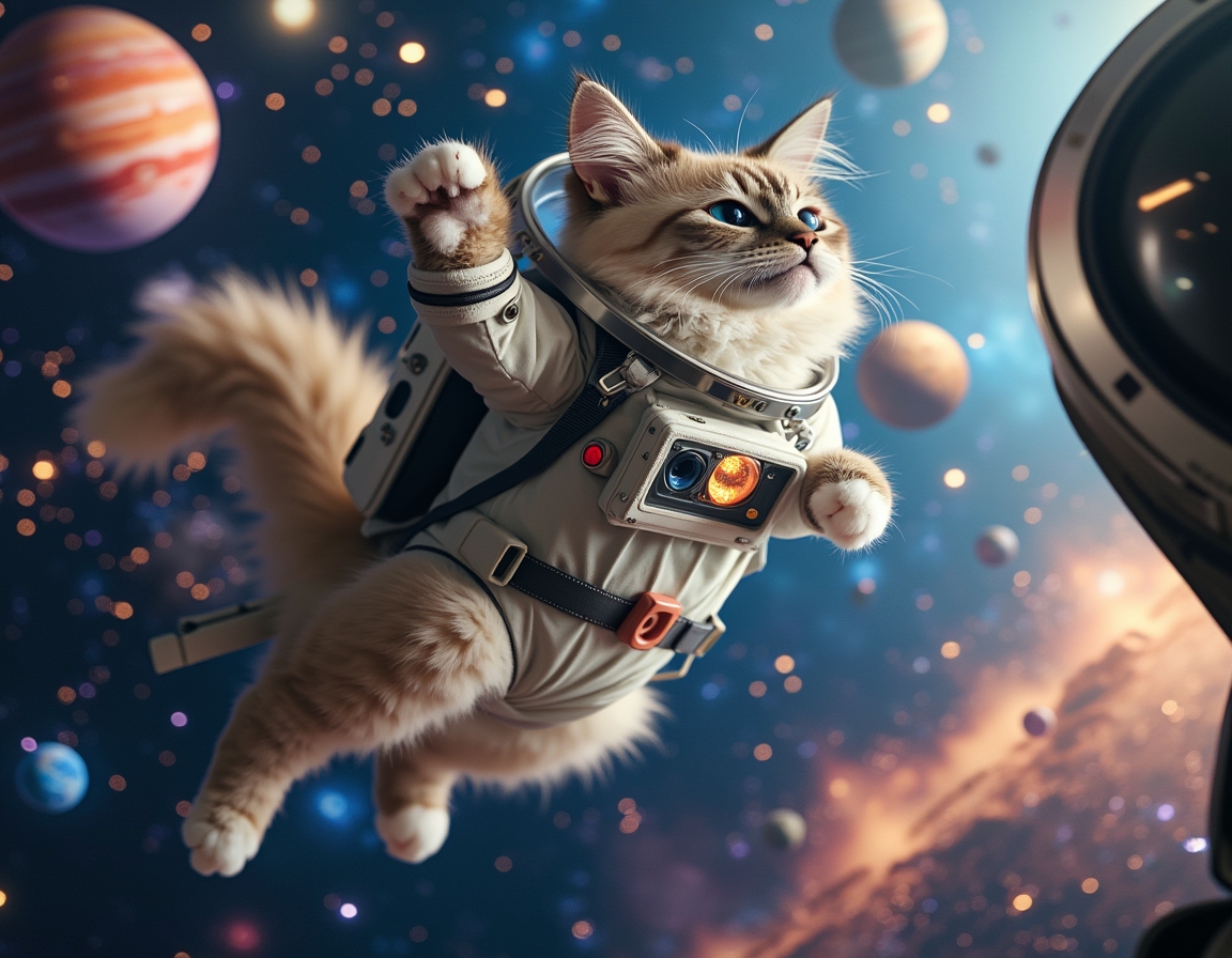 Cat floats weightlessly in space, wearing a high-tech spacesuit. Vibrant planets, shining stars, and distant nebulae create a stunning cosmic backdrop.